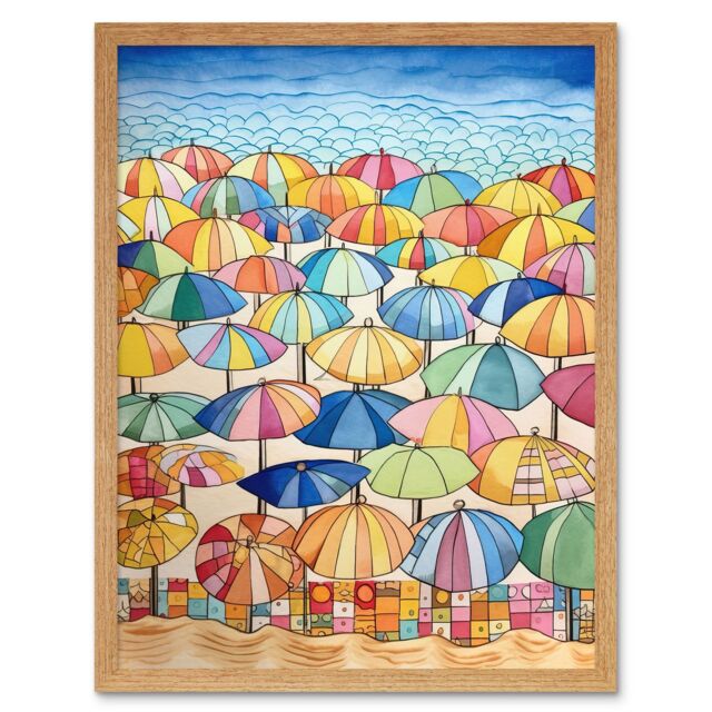 "Artery8 Wall Art Print Summer At The Seaside With Colourful Beach Umbrellas On The Sand Watercolour Painting Art Framed - Size: W12"" x H16""" - image 1