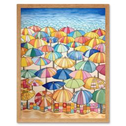 "Artery8 Wall Art Print Summer At The Seaside With Colourful Beach Umbrellas On The Sand Watercolour Painting Art Framed - Size: W12"" x H16""" - thumbnail 1