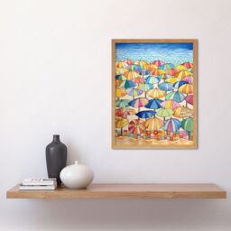 "Artery8 Wall Art Print Summer At The Seaside With Colourful Beach Umbrellas On The Sand Watercolour Painting Art Framed - Size: W12"" x H16""" - thumbnail 2
