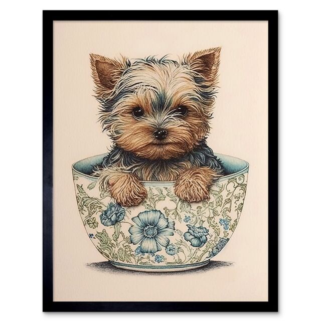 "Artery8 Wall Art Print Cute Teacup Yorkshire Terrier Dog in Floral Pattern Tea Cup Watercolour Art Framed in Black - Size: W12"" x H16""" - image 1