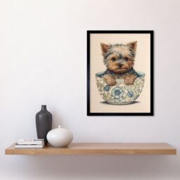 "Artery8 Wall Art Print Cute Teacup Yorkshire Terrier Dog in Floral Pattern Tea Cup Watercolour Art Framed in Black - Size: W12"" x H16""" - thumbnail 2