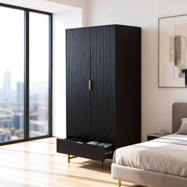 FURNITURE ONE 2-Doors Wardrobe Cabinet with Drawers in Black - Size: 1 Pack - image 1