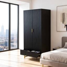 FURNITURE ONE 2-Doors Wardrobe Cabinet with Drawers in Black - Size: 1 Pack - thumbnail 1