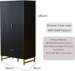 FURNITURE ONE 2-Doors Wardrobe Cabinet with Drawers in Black - Size: 1 Pack - thumbnail 2