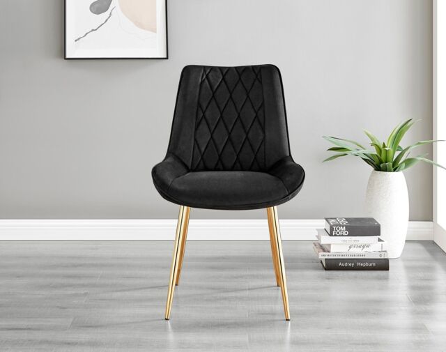FurnitureboxUK Novara 100cm Round Tempered Glass Dining Table with Gold Legs & 4 Pesaro Velvet Chairs in Black - image 1