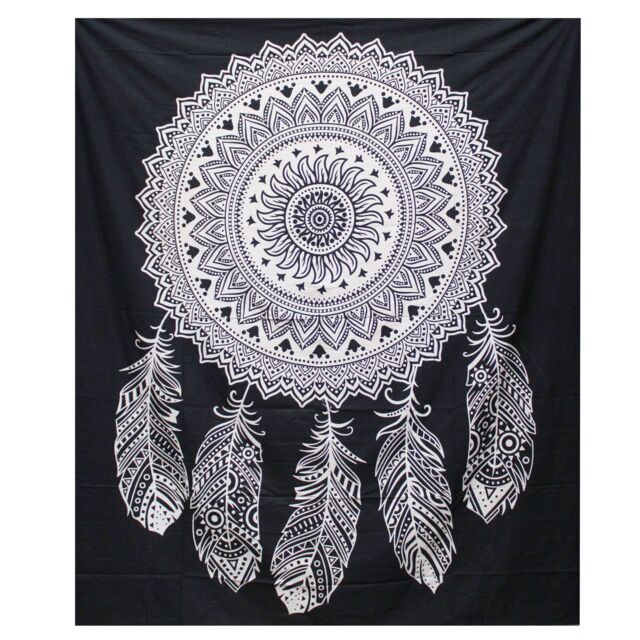 KDMD B&W Double Cotton Bedspread + Wall Hanging - Dreamcatcher in White - image 1