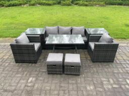 Fimous Rattan Outdoor Furniture Sofa Garden Dining Set with Dining Table 2 Armchairs 2 Side Tables Small Stools in Dark Grey - thumbnail 2