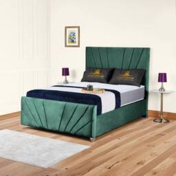 UK Bed Furniture Sunrise Slatted Base Upholstered Bed with 48 Inch Headboard in Green - Size: Super King - thumbnail 1