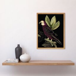 "Artery8 Wall Art Print Burgundy Parrot Leaves Tree Branch on Black Vintage Linocut Art Framed in Light Oak - Size: W12"" x H16""" - thumbnail 2