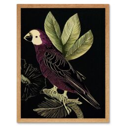 "Artery8 Wall Art Print Burgundy Parrot Leaves Tree Branch on Black Vintage Linocut Art Framed in Light Oak - Size: W12"" x H16""" - thumbnail 1