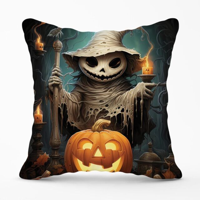 Warren Reed - Designer Creepy Ghost With Pumpkins Outdoor Cushion in Orange - Size: 60 cm x 60 cm - image 1