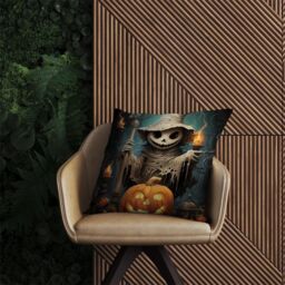 Warren Reed - Designer Creepy Ghost With Pumpkins Outdoor Cushion in Orange - Size: 60 cm x 60 cm - thumbnail 2