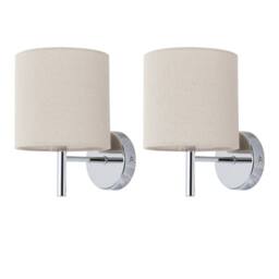 First Choice Lighting Set of 2 Brea - Chrome Wall Lights with Natural Linen Shade in Silver