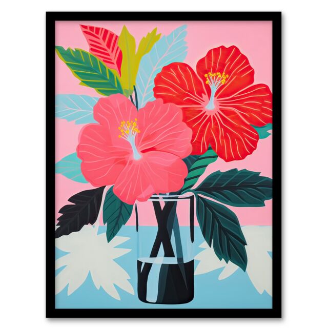 Artery8 Wall Art Print Hibiscus Flowers in Vase Stylised Graphic Painting Pink Blue Green Still Life Artwork Framed - Size: A4 - image 1