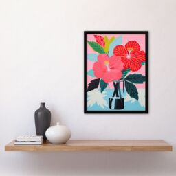 Artery8 Wall Art Print Hibiscus Flowers in Vase Stylised Graphic Painting Pink Blue Green Still Life Artwork Framed - Size: A4 - thumbnail 4
