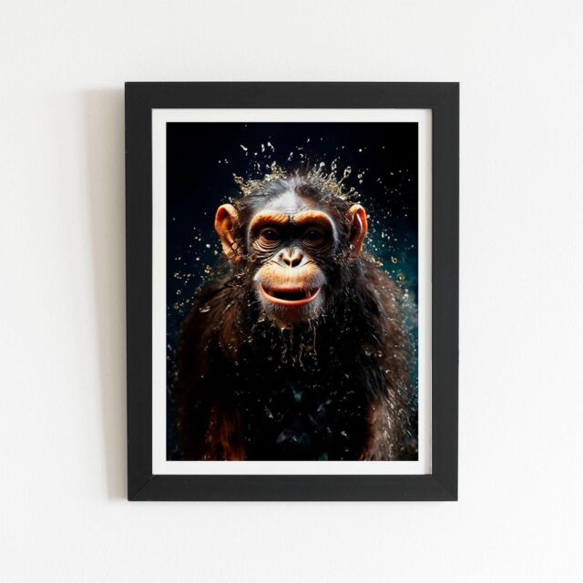 "Warren Reed - Designer Realistic Monkey Face Splashart Framed Art Print in Black - Size: W24"" x H36""" - image 1