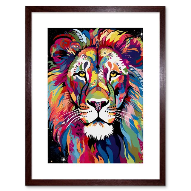 "Artery8 Wall Art Print Magnificent Lion Head Psychedelic Folk Portrait Colourful Vibrant Bold Jungle Artwork Framed 9X7 Inch - Size: W7"" x H9""" - image 1