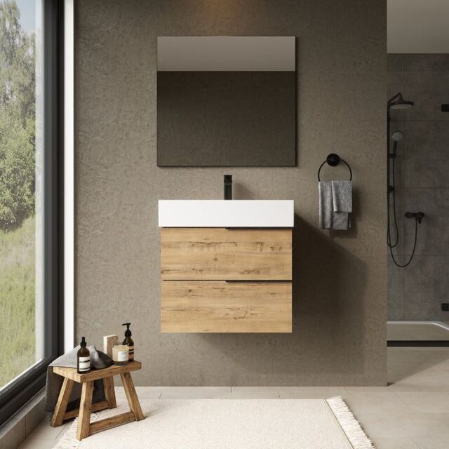 Banyetti Celtic 600mm Wall Hung Bathroom Vanity Unit with Veneto 1 Tap Hole Basin - Ostippo Oak in Light Oak - image 1