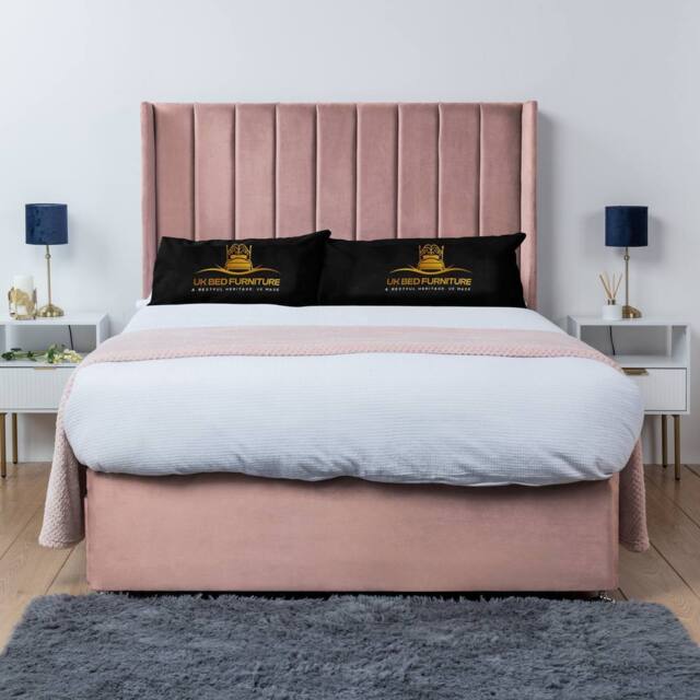 UK Bed Furniture Bella Wingback Divan Bed Base with 54 Inch Headboard - No Storage in Pink - Size: King - image 1