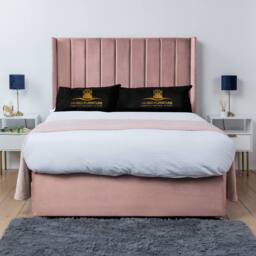 UK Bed Furniture Bella Wingback Divan Bed Base with 54 Inch Headboard - No Storage in Pink - Size: King