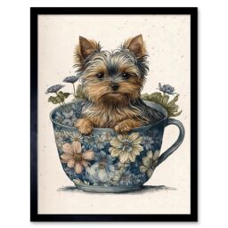 "Artery8 Wall Art Print Cute Teacup Yorkshire Terrier Dog & Flowers in Floral Tea Cup Modern Watercolour Art Framed in Black - Size: W12"" x H16""" - thumbnail 1