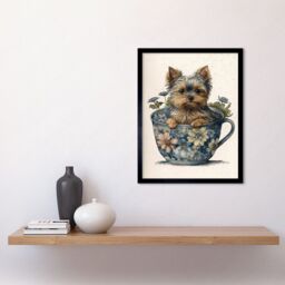 "Artery8 Wall Art Print Cute Teacup Yorkshire Terrier Dog & Flowers in Floral Tea Cup Modern Watercolour Art Framed in Black - Size: W12"" x H16""" - thumbnail 2