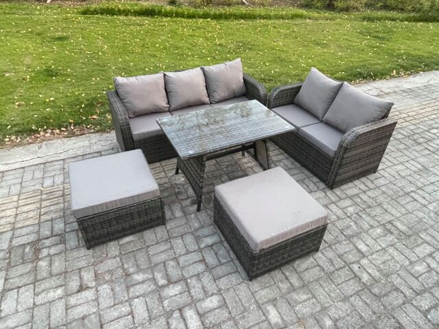 Fimous High Back PE Rattan Sofa Set Outdoor Garden Furniture Dining Table Set Love Sofa 3 Seater Sofa 2 Big Footstool in Dark Grey - image 1