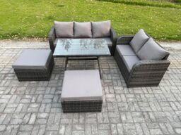 Fimous High Back PE Rattan Sofa Set Outdoor Garden Furniture Dining Table Set Love Sofa 3 Seater Sofa 2 Big Footstool in Dark Grey - thumbnail 2