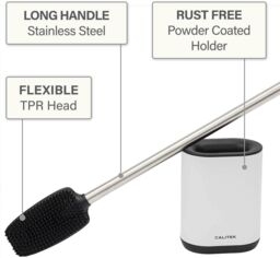 Calitek Toilet Brush Flexible Silicon Bristles & Brush Head with Non Slip Long Stainless Steel Handle White - thumbnail 2