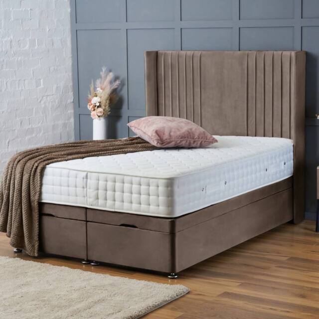"BSSPOKE Charlotte Ottoman Divan Bed Plush Velvet 54"" Headboard & No Mattress in Taupe - Size: Single" - image 1
