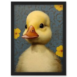 Artery8 Wall Art Print Duckling with Flowers Oil Painting Kids Bedroom Baby Nursery Duck Artwork Framed A4 in Black - thumbnail 1