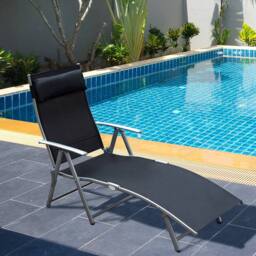 OUTSUNNY Sun Lounger Recliner w/ Pillow Foldable 7 Levels Textilene in Black - thumbnail 1