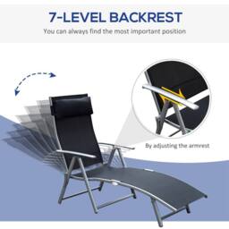 OUTSUNNY Sun Lounger Recliner w/ Pillow Foldable 7 Levels Textilene in Black - thumbnail 4