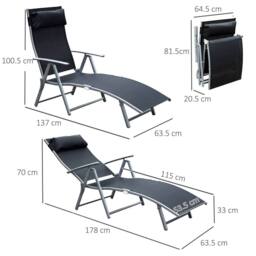 OUTSUNNY Sun Lounger Recliner w/ Pillow Foldable 7 Levels Textilene in Black - thumbnail 3