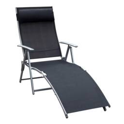OUTSUNNY Sun Lounger Recliner w/ Pillow Foldable 7 Levels Textilene in Black - thumbnail 2