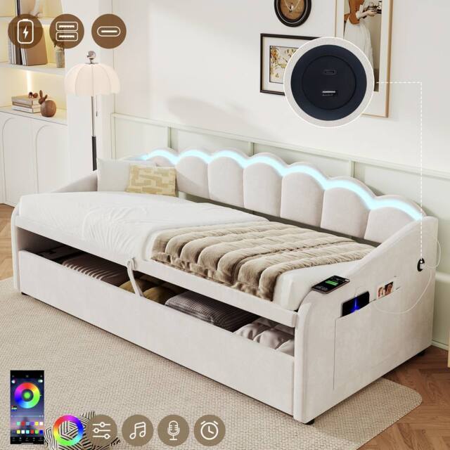 ModernLuxe Upholstered single daybed with LED ottoman storage in Beige - image 1