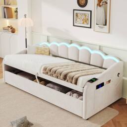 ModernLuxe Upholstered single daybed with LED ottoman storage in Beige - thumbnail 3
