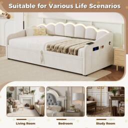 ModernLuxe Upholstered single daybed with LED ottoman storage in Beige - thumbnail 6