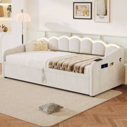 ModernLuxe Upholstered single daybed with LED ottoman storage in Beige - thumbnail 4
