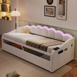 ModernLuxe Upholstered single daybed with LED ottoman storage in Beige - thumbnail 2