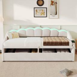 ModernLuxe Upholstered single daybed with LED ottoman storage in Beige - thumbnail 5