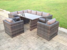 Fimous Dark Grey Outdoor Lounge Rattan Corner Sofa Set Garden Furniture Rectangular Dining Table Chair - thumbnail 1