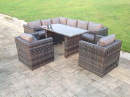 Fimous Dark Grey Outdoor Lounge Rattan Corner Sofa Set Garden Furniture Rectangular Dining Table Chair - thumbnail 2