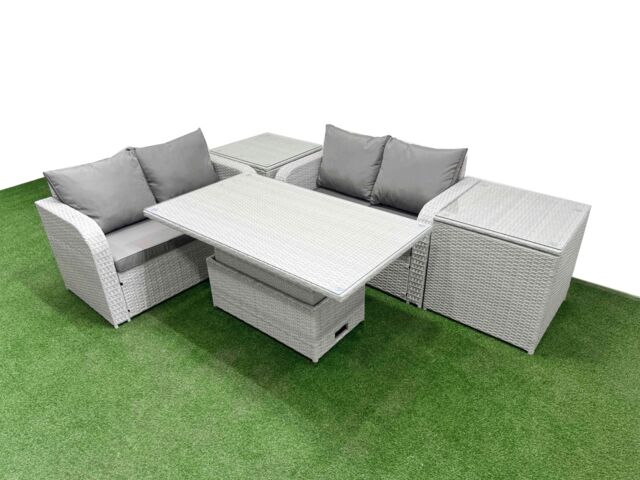 Fimous 4 Seater Outdoor Love Sofa Set Rattan Garden Furniture Set with Adjustable Lifting Dining or Coffee Table 2 Side Tables Light Grey - image 1