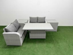 Fimous 4 Seater Outdoor Love Sofa Set Rattan Garden Furniture Set with Adjustable Lifting Dining or Coffee Table 2 Side Tables Light Grey - thumbnail 2