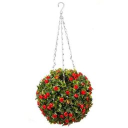 Marco Paul 30cm Red Artificial Round Hanging Plant in Green - thumbnail 3