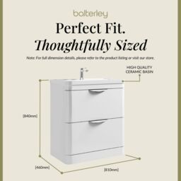 Balterley Bathroom Floor Standing 2 Drawer Vanity Unit Basin, Gloss White, 755mm in White - thumbnail 5