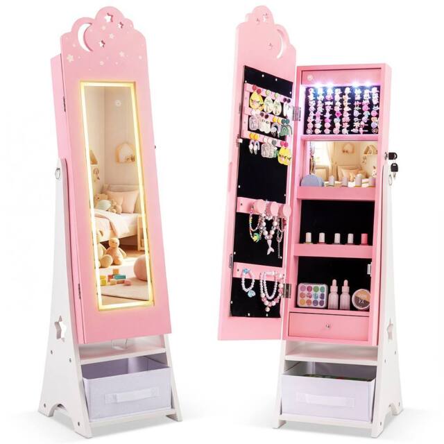 Costway Kids Jewelry Cabinet w/ Lights Jewelry Organizer w/ Full-Length Mirror in Pink - image 1