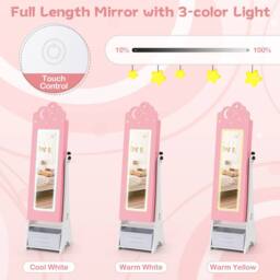 Costway Kids Jewelry Cabinet w/ Lights Jewelry Organizer w/ Full-Length Mirror in Pink - thumbnail 8