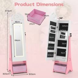Costway Kids Jewelry Cabinet w/ Lights Jewelry Organizer w/ Full-Length Mirror in Pink - thumbnail 2